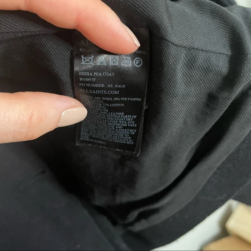 All Saints Ishba Leather and Wool Peacoat Black Size 4 - Picture 7 of 9